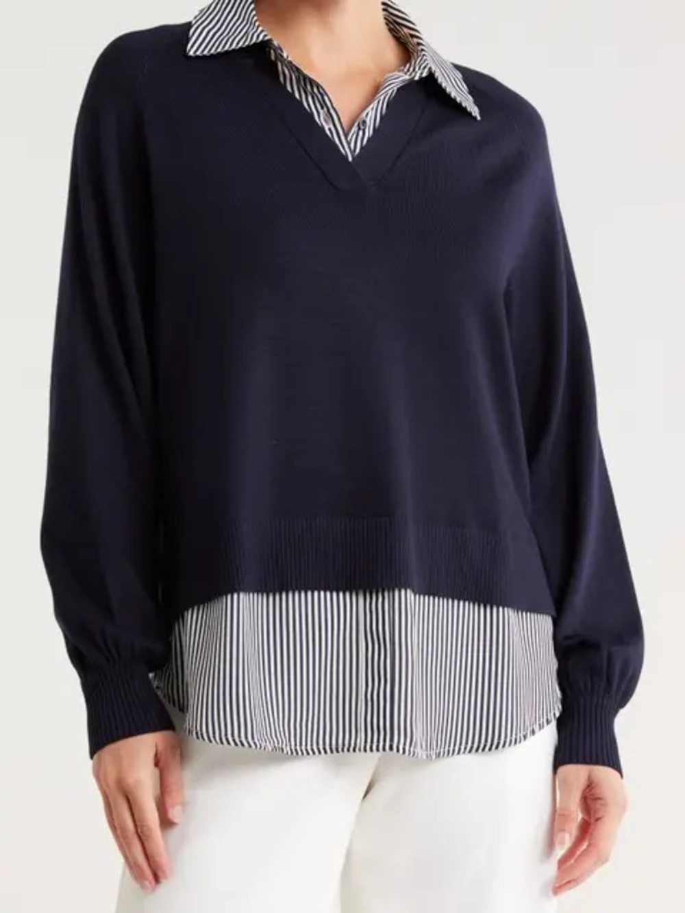 Layered V-Neck Navy Sweater with Shirt Hem
